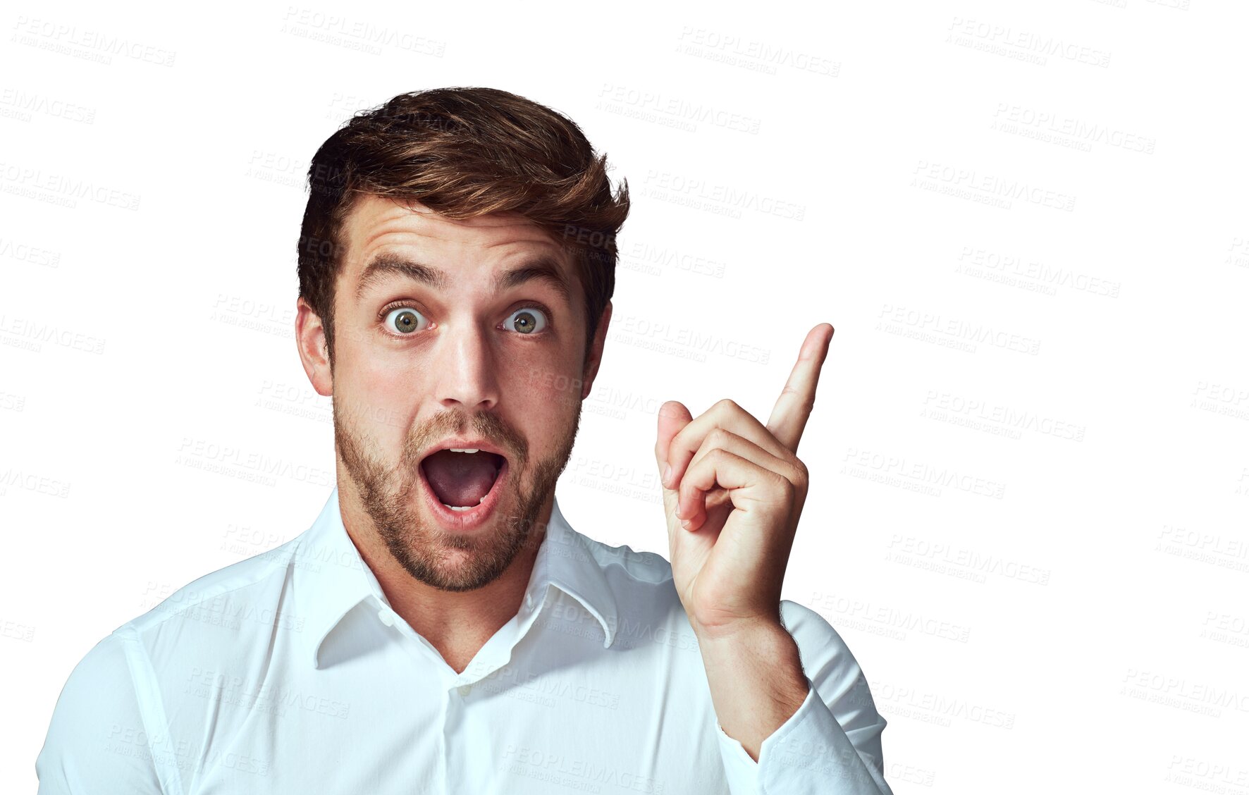 Buy stock photo Man, portrait and surprise with idea for problem solving, solution or facial expression isolated on a transparent PNG background. Surprised or shocked male person or model looking shocked with finger