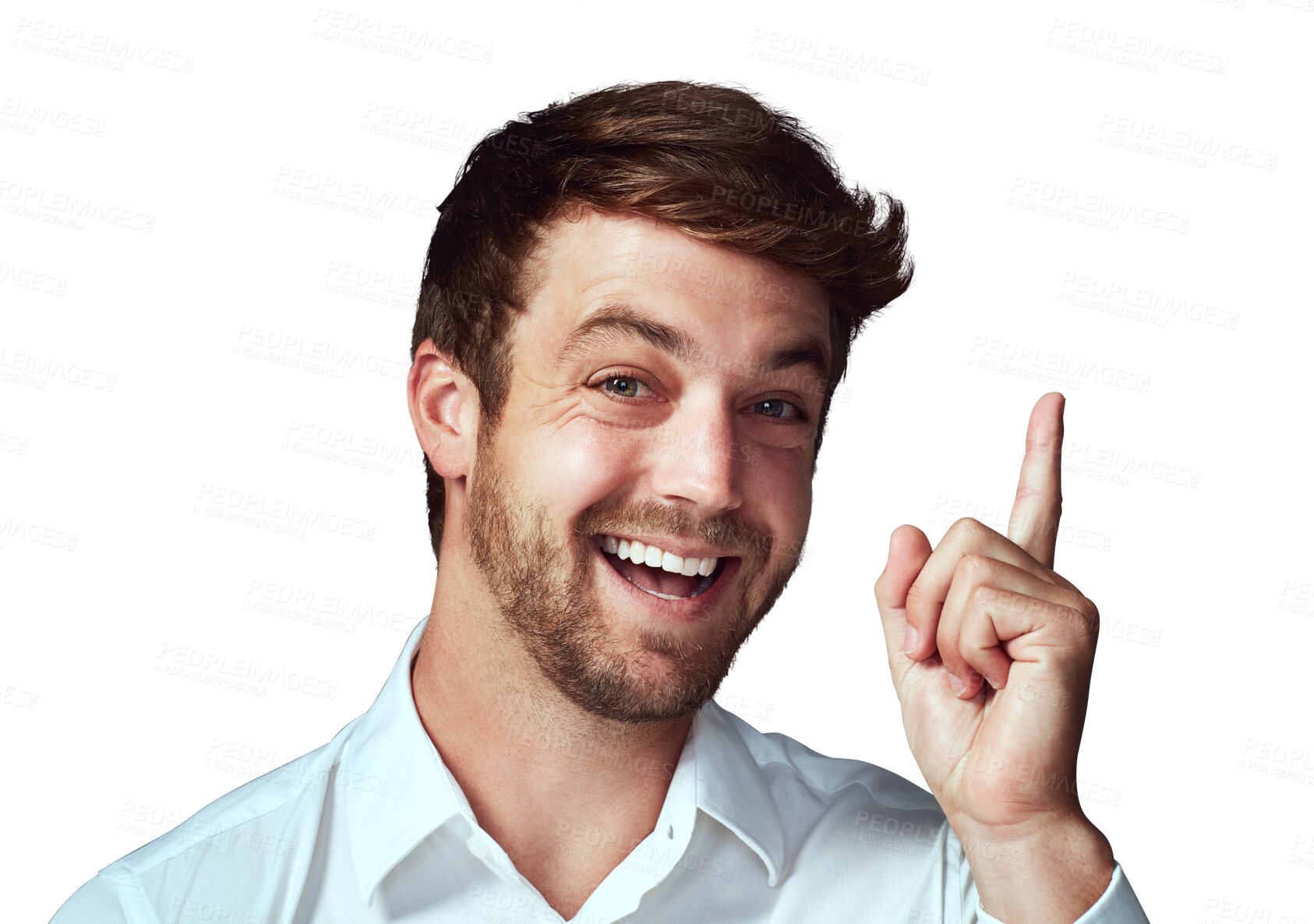 Buy stock photo Idea, portrait of a man pointing up and isolated against a transparent png background with a smile. Happy or excited, thinking and face of male person pose with hand gesture pointing for solution