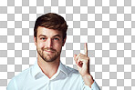 Studio portrait of a handsome young man pointing to copyspace isolated on a png background