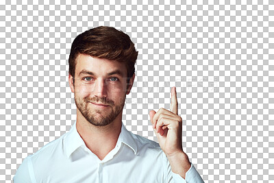 Buy stock photo Man, portrait and thinking with idea for solution, problem solving or brainstorming isolated on a transparent PNG background. Male person or model with smile pointing finger with ideas for planning