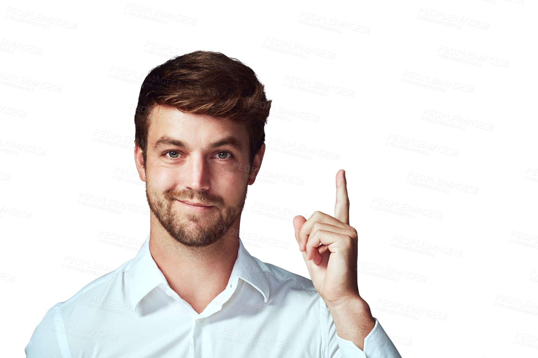 Buy stock photo Man, portrait and thinking with idea for solution, problem solving or brainstorming isolated on a transparent PNG background. Male person or model with smile pointing finger with ideas for planning