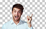 Studio portrait of a handsome young man pointing excitedly to copyspace isolated on a png background