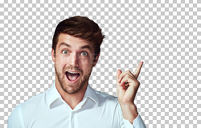 Buy stock photo Man, portrait and surprise with idea for solution, problem solving or facial expression isolated on a transparent PNG background. Surprised or excited male person or model looking shocked with finger