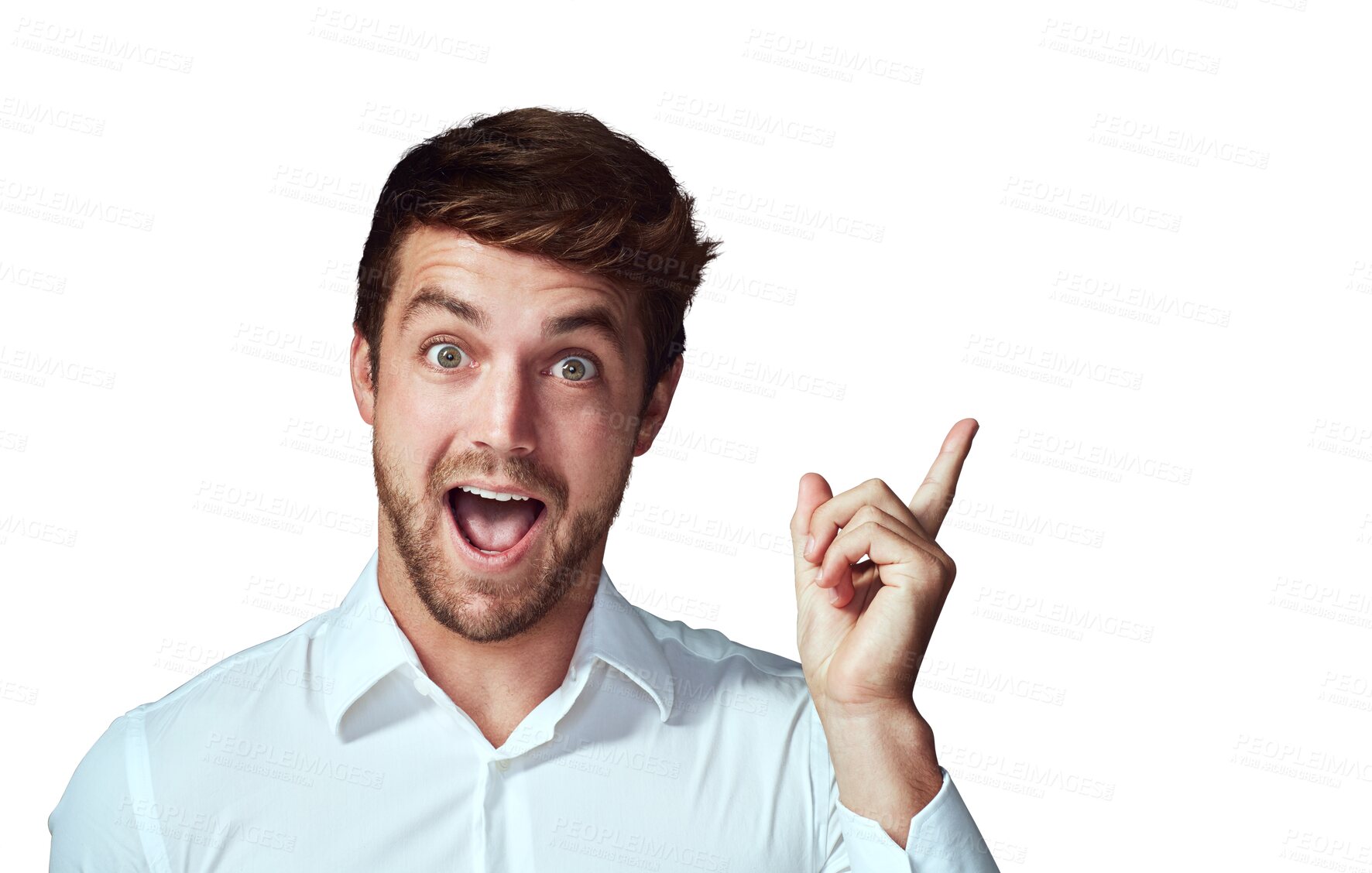 Buy stock photo Man, portrait and surprise with idea for solution, problem solving or facial expression isolated on a transparent PNG background. Surprised or excited male person or model looking shocked with finger