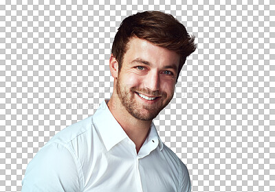 Buy stock photo Happy man, face and portrait smile for career ambition isolated on a transparent PNG background. Attractive or handsome male person, young model or designer in confidence for creative startup