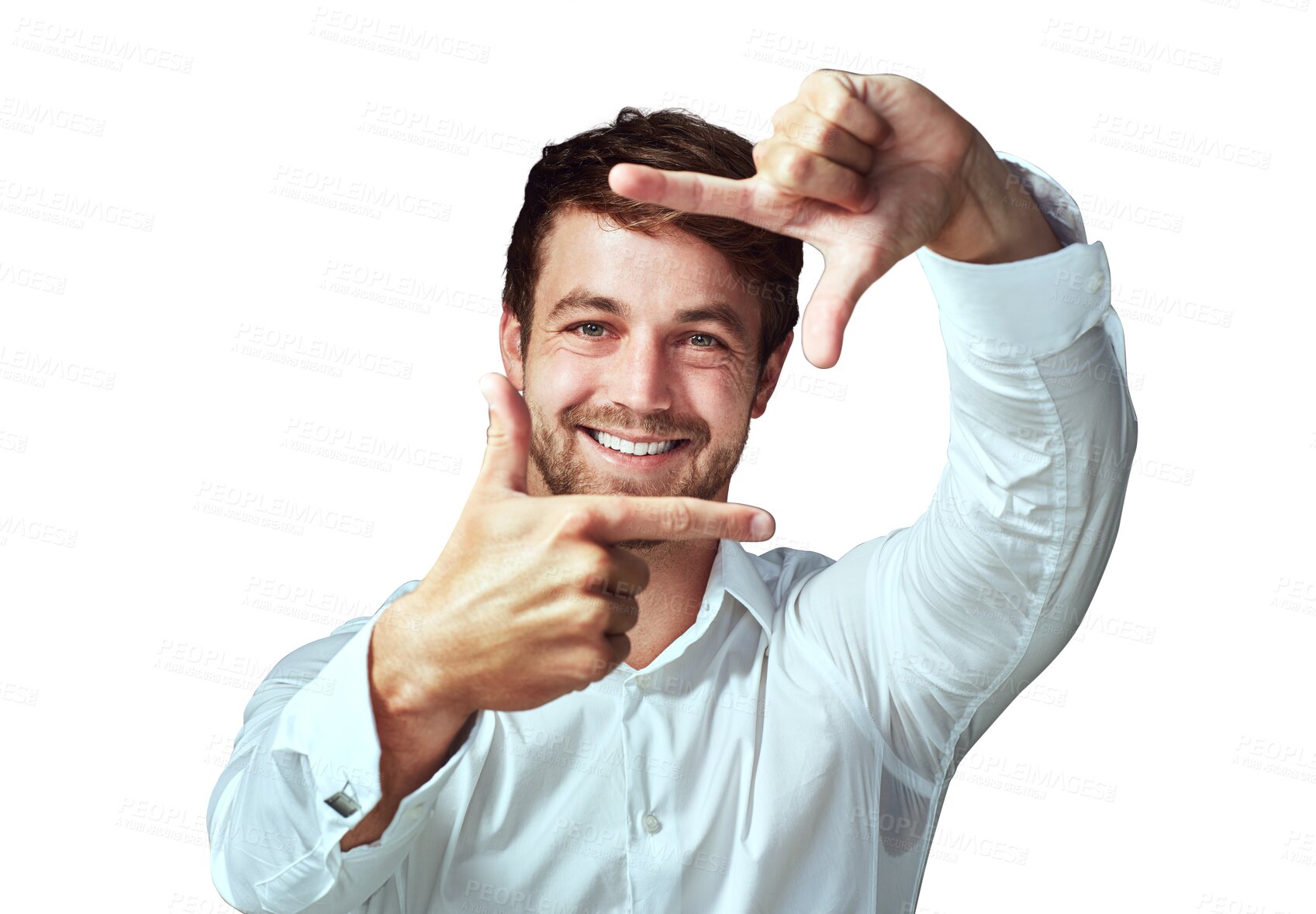 Buy stock photo Happy man, face and hands in frame for selfie isolated on a transparent PNG background. Male person or model with hand framing portrait with smile for profile picture, photography or creative capture