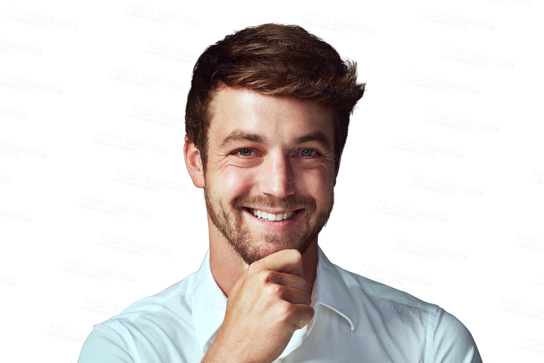 Buy stock photo Idea, thinking and portrait of man with a hand for business on isolated, transparent or png background. Solution, person and face of innovation, strategy or businessman with a question or planning