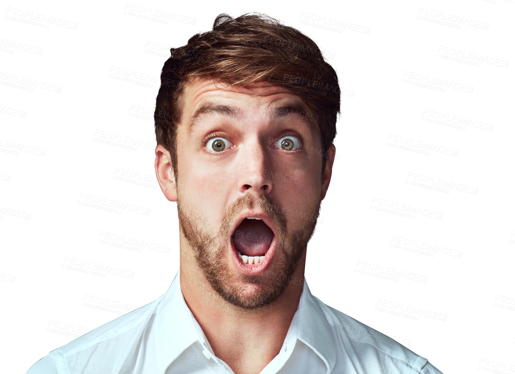 Buy stock photo Portrait, wow and man with surprise, deal and announcement isolated against a transparent background. Face, male person and model with omg, shocked and gossip with png, emoji and facial expression