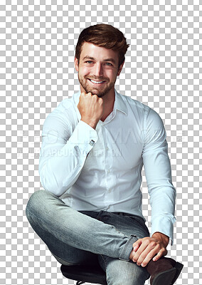 Buy stock photo Portrait, business and man with a smile, casual outfit and confident model isolated against a transparent background. Face, male person and employee on a chair, professional and happiness with png