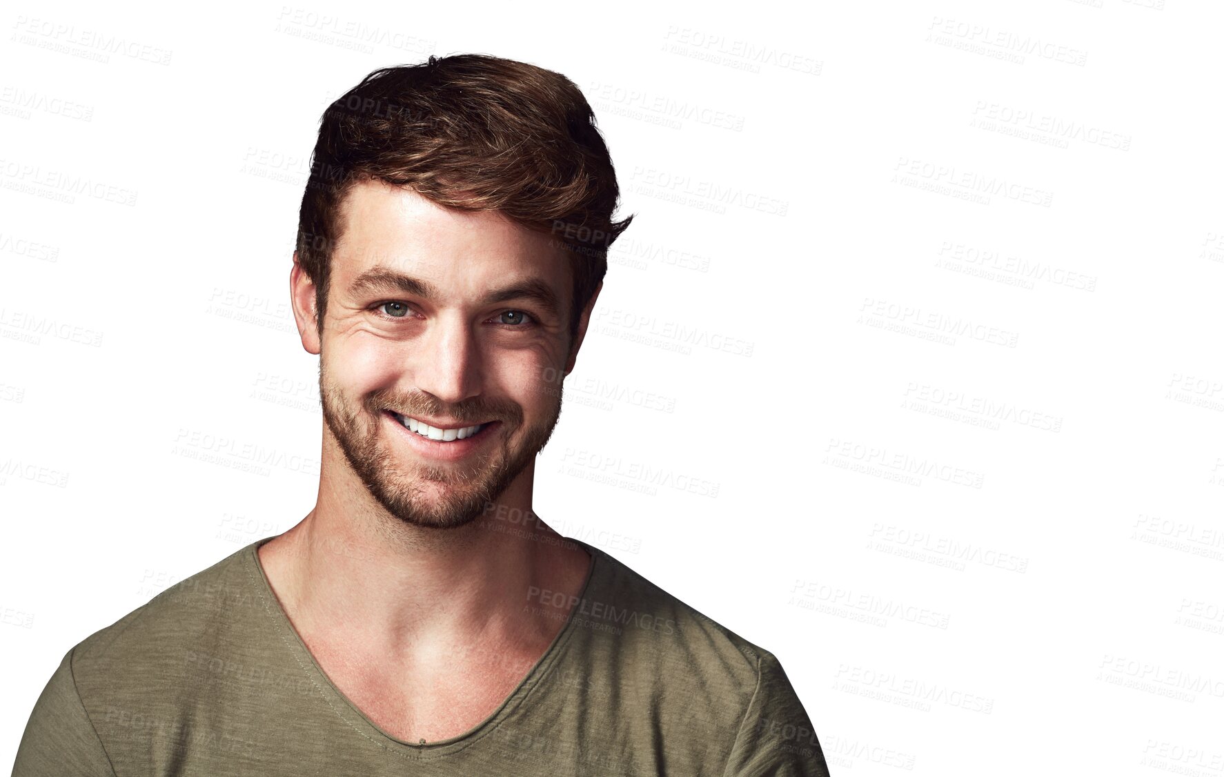 Buy stock photo Happy, smile and portrait of a young man with a positive mindset and casual, cool and stylish outfit. Happiness, excited and headshot of a handsome male model isolated by a transparent png background