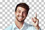 Studio portrait of a handsome young man pointing to copyspace isolated on a png background