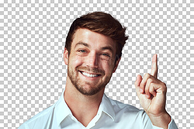 Buy stock photo Face, portrait of a man with an idea and pointing up isolated against a transparent png background with smile. Happy, answers and male person pose with hand gesture for sales deal or solution.