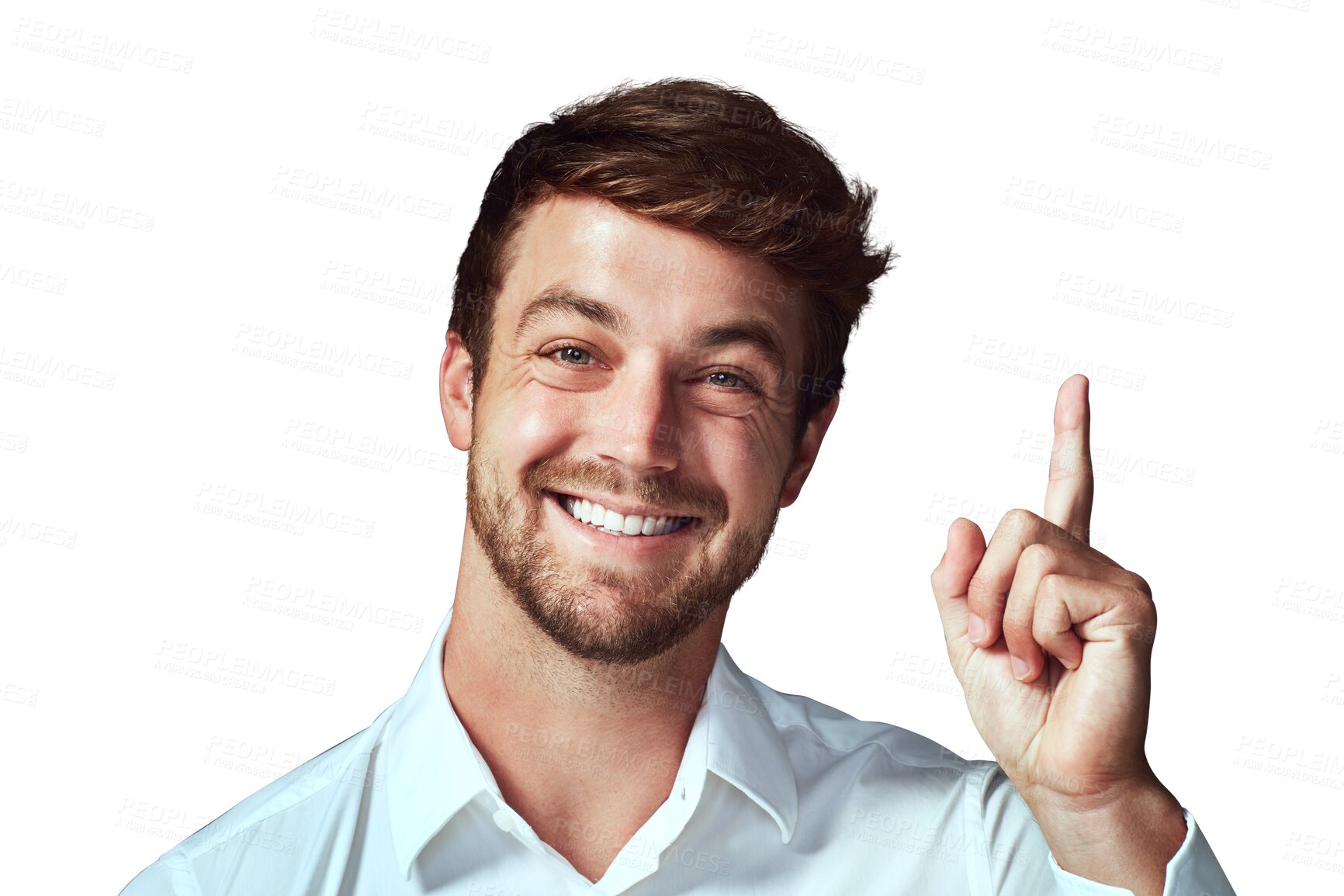 Buy stock photo Face, portrait of a man with an idea and pointing up isolated against a transparent png background with smile. Happy, answers and male person pose with hand gesture for sales deal or solution.