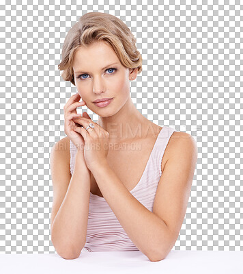 Buy stock photo Luxury, portrait and woman in cosmetics with png in transparent or isolated background with skin. Beauty, model and face with elegance or makeup for self love with cosmetology or skincare.