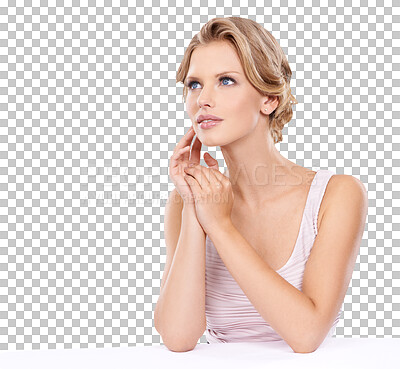 Buy stock photo Beauty, thinking and young woman isolated on a transparent png background for cosmetics or makeup ideas. Inspiration, vision and blonde model or person with cosmetic facial, dermatology and self care