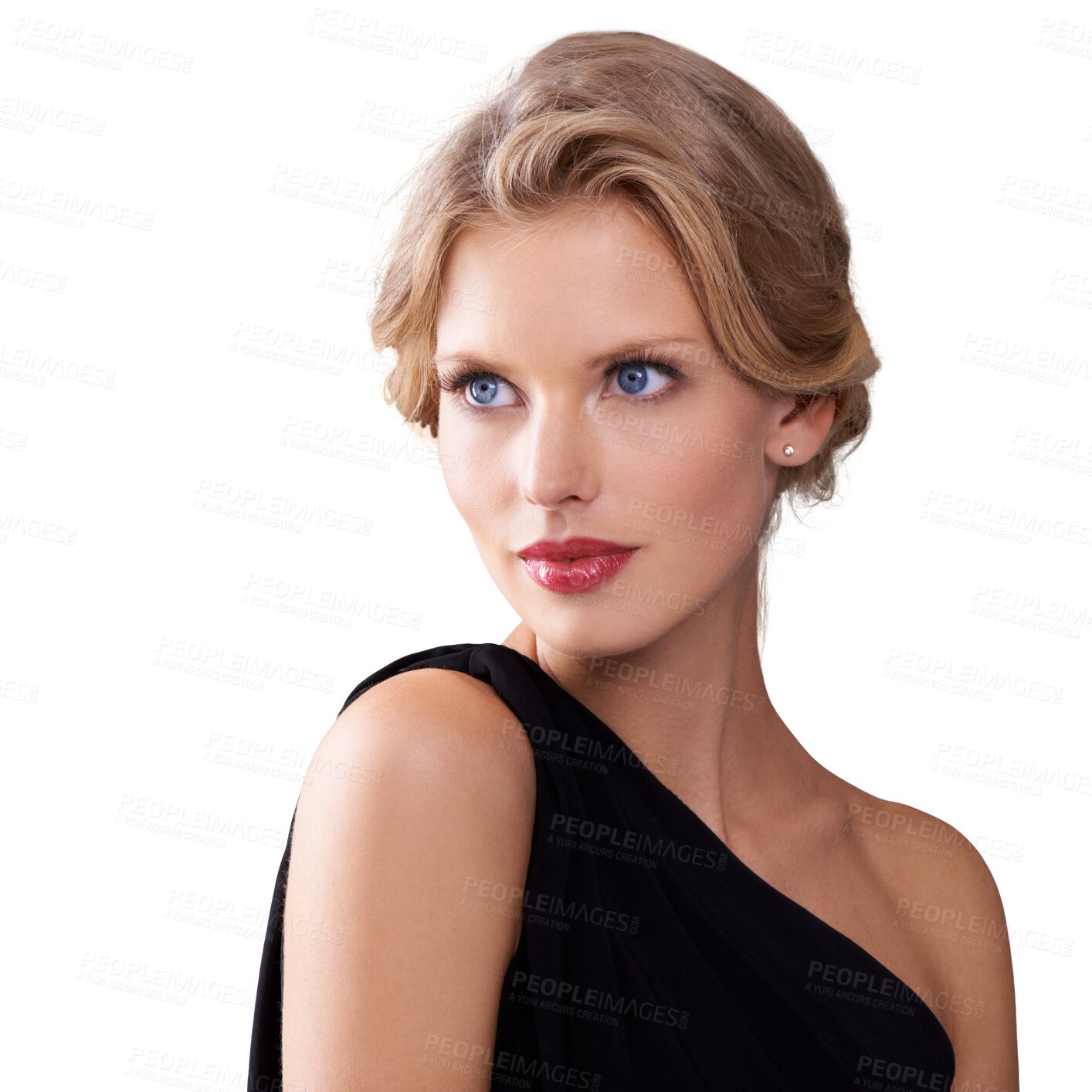 Buy stock photo Elegant style, makeup and face of woman isolated on transparent, png background for gala or prom. Headshot of aesthetic female model with cosmetics, luxury lifestyle and beauty or hairstyle for event