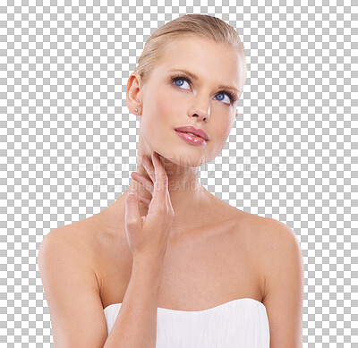 Buy stock photo Woman, thinking and beauty makeup with skincare cosmetics isolated on a transparent PNG background. Female person or young model in doubt or decision touching face for facial treatment or body care