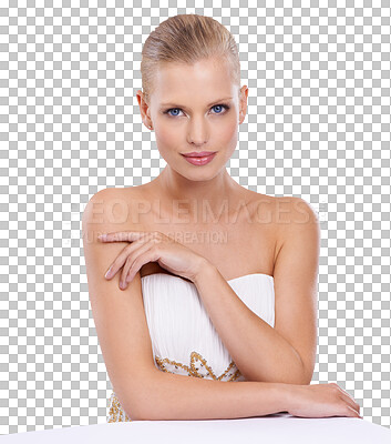 Buy stock photo Beauty, cosmetic and portrait of a woman in a gown with a fancy, stylish and glamour face. Beautiful, makeup and young female model with a classy elegant dress isolated by transparent png background.