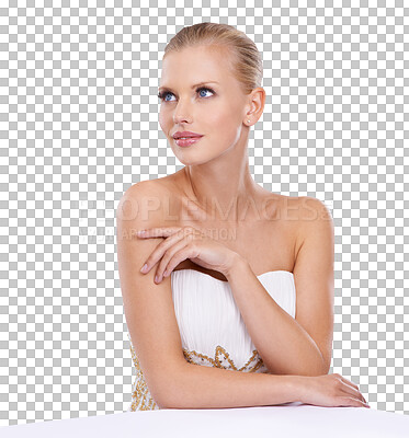 Buy stock photo Fashion, elegant and face of woman in dress on png, isolated and transparent background with smile. Beauty, designer brand and attractive female person in ball gown for event, celebration and party