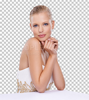 Buy stock photo Fashion, glamour and portrait of woman in dress on png, isolated and transparent background. Beauty, designer and face of female person in evening clothes for luxury event, celebration and party