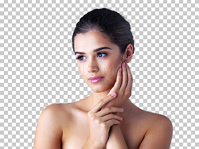 Buy stock photo Woman, face and thinking with beauty skincare, makeup or cosmetics isolated on a transparent PNG background. Attractive female person or model touching skin in doubt or decision for facial treatment