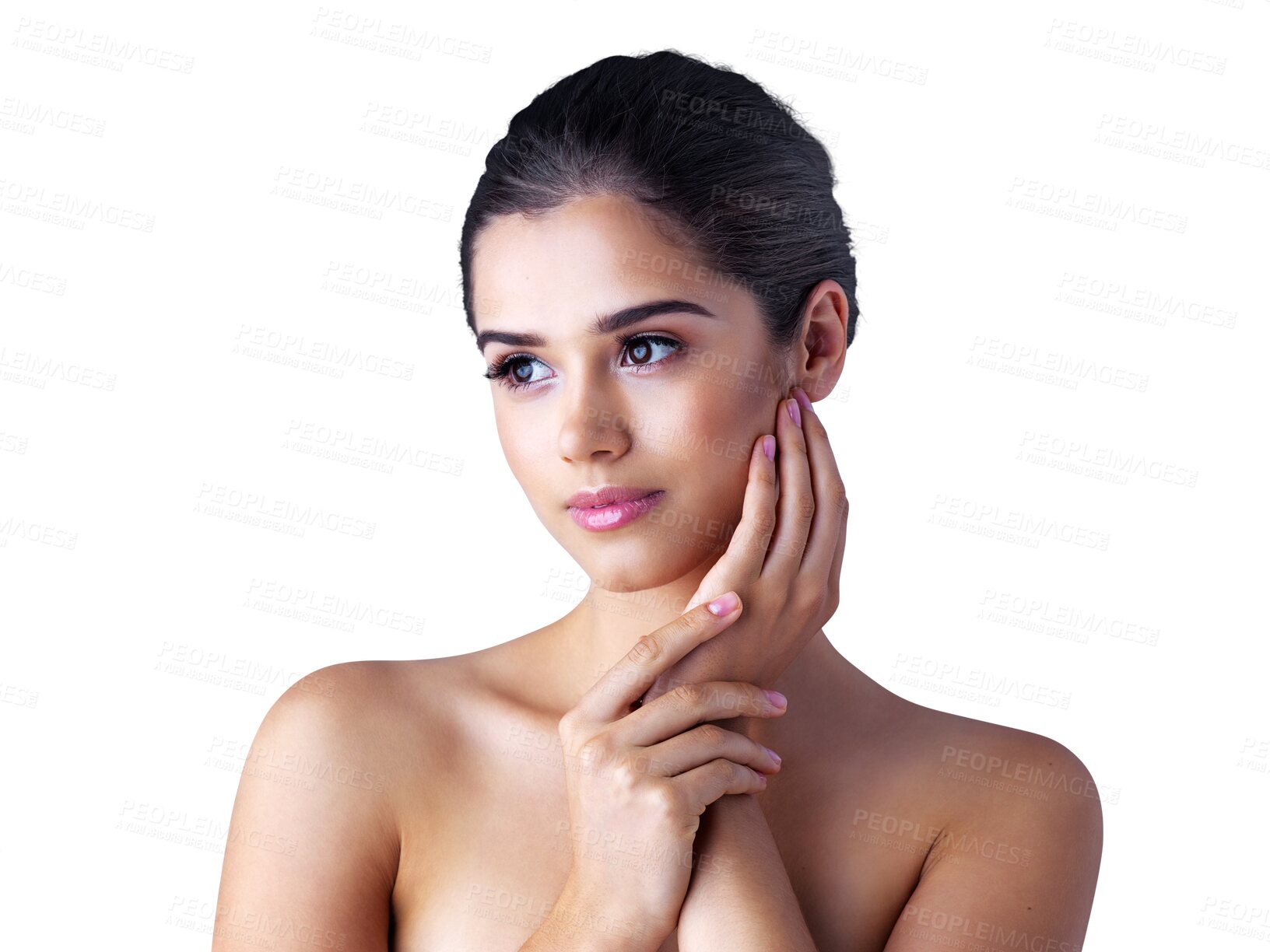 Buy stock photo Woman, face and thinking with beauty skincare, makeup or cosmetics isolated on a transparent PNG background. Attractive female person or model touching skin in doubt or decision for facial treatment