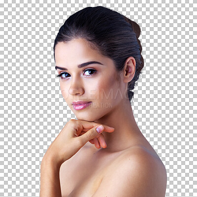 Buy stock photo Face, portrait or cosmetic beauty of woman with skincare isolated on transparent png background. Dermatology, face or beautiful girl model with facial care, makeup glow or wellness for grooming 