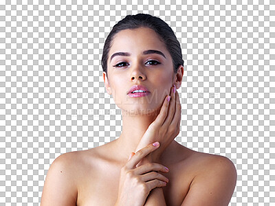 Buy stock photo Face, natural or portrait of beauty of girl with skincare isolated on transparent png background. Dermatology, cosmetics or beautiful woman grooming with facial shine, self care or glow for wellness