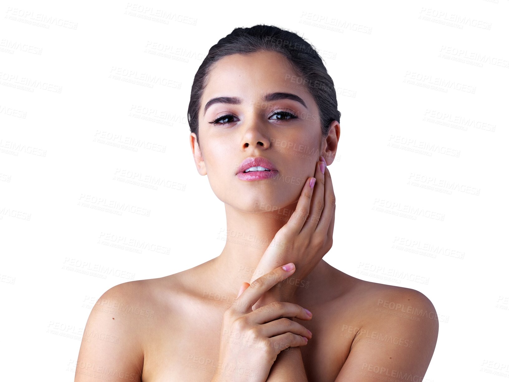 Buy stock photo Face, natural or portrait of beauty of girl with skincare isolated on transparent png background. Dermatology, cosmetics or beautiful woman grooming with facial shine, self care or glow for wellness