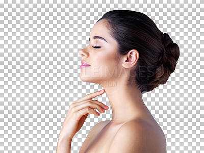 Buy stock photo Beauty, skincare and face of woman on transparent background for makeup, natural and side profile. Cosmetics, wellness and spa treatment of female person and touch on png for salon, self care or glow