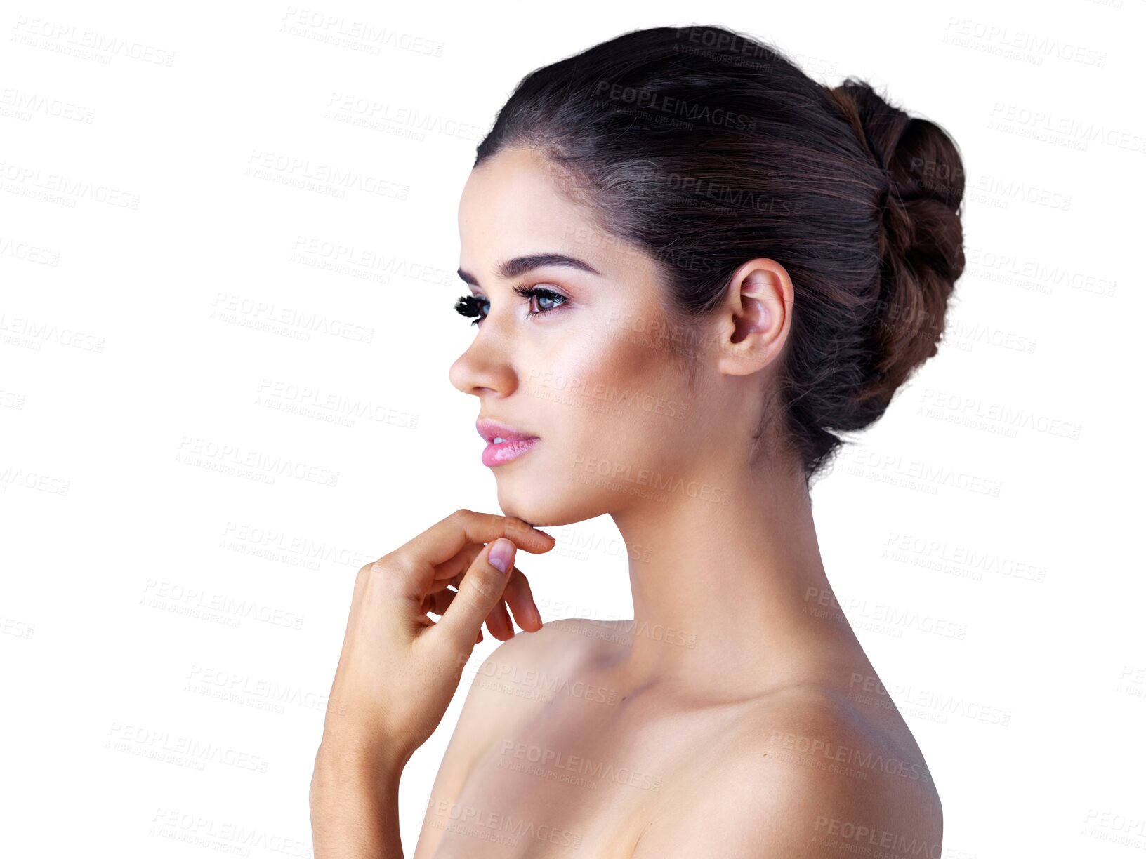 Buy stock photo Beauty, makeup and profile of woman on transparent background for cosmetics, spa and natural skincare. Thinking, vision and health with face of female model on png for glow, self care and dermatology