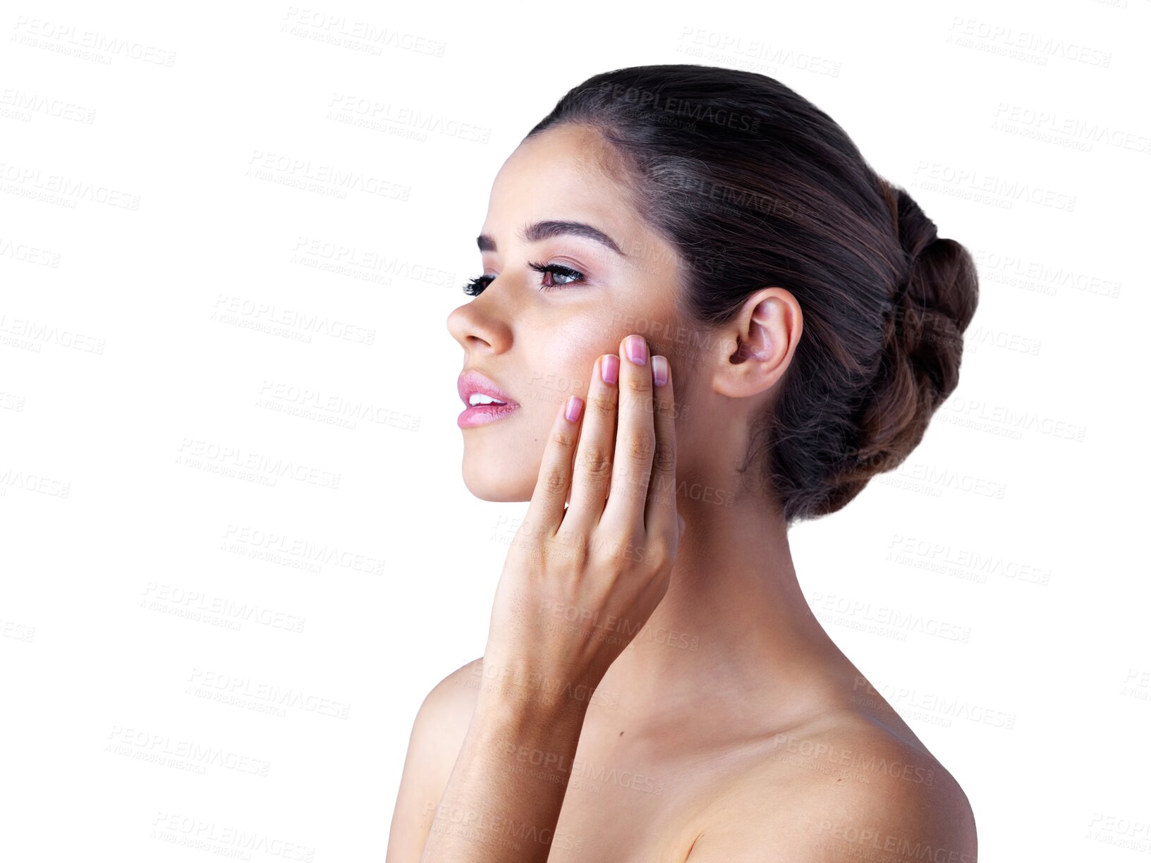 Buy stock photo Beauty, skin and woman with cosmetic skincare morning routine isolated in a transparent or png background. Wellness, self care and young person or model thinking with clean face due to dermatology