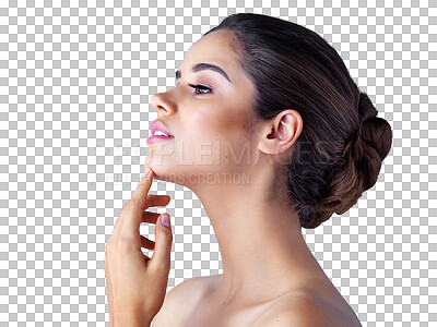 Buy stock photo Beauty, cosmetics and profile of woman on transparent background for skincare, spa and natural makeup. Thinking, vision and health with face of female model on png for glow, self care and dermatology