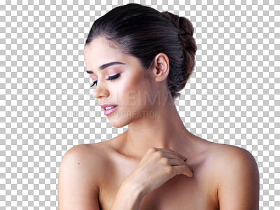 Buy stock photo Face, makeup or cosmetic beauty of woman with skincare isolated on transparent png background. Dermatology, person or beautiful girl with facial care, glowing shine or wellness for grooming alone 