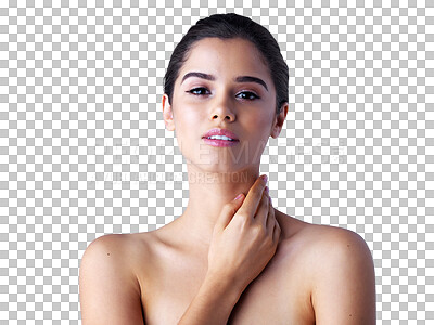 Buy stock photo Natural, portrait or facial beauty of woman with skincare isolated on transparent png background. Dermatology, face of girl or beautiful female person with self care, glow or cosmetics for grooming 