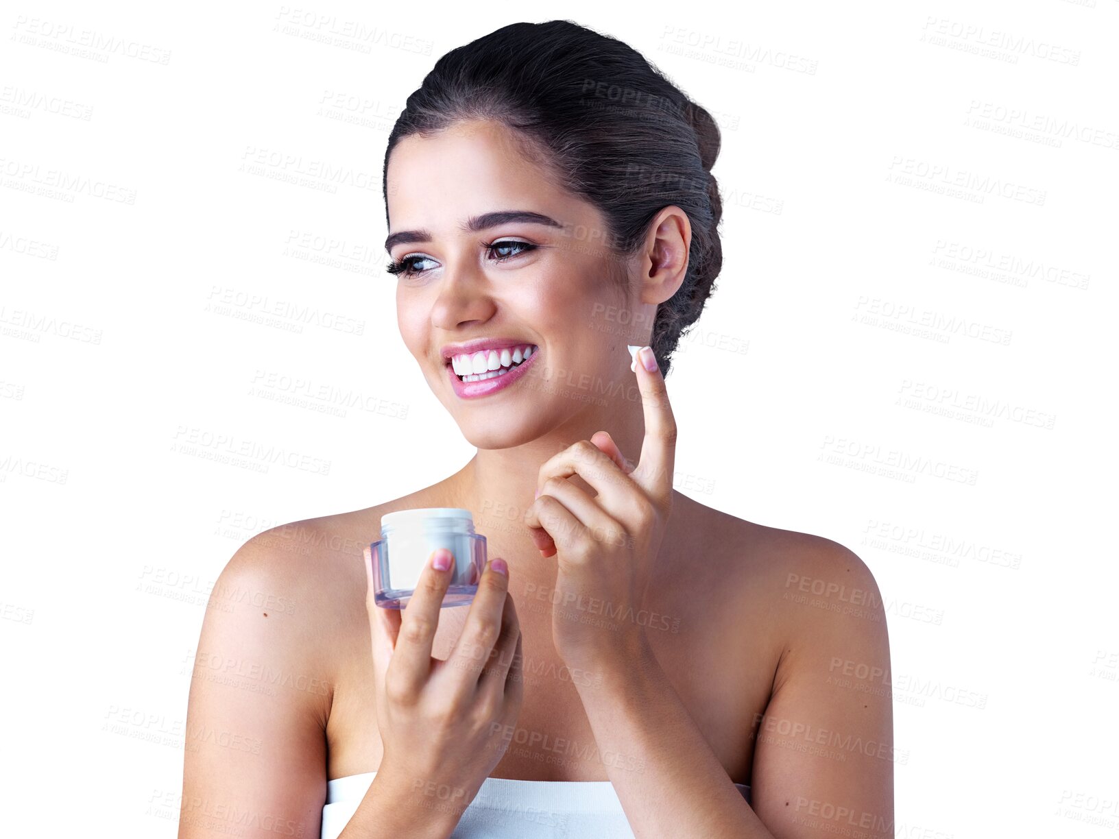 Buy stock photo Beauty, skincare and cream with woman on transparent background for cosmetics, product and facial. Spa, happy and lotion on face of female model isolated on png for wellness, self care and sunscreen