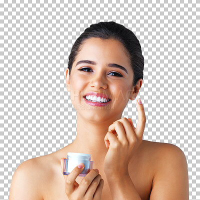 Buy stock photo Beauty, portrait and woman cream with a smile and skincare isolated on a transparent, png background. Dermatology, lotion and spa product with a young female model with skin glow and sunscreen