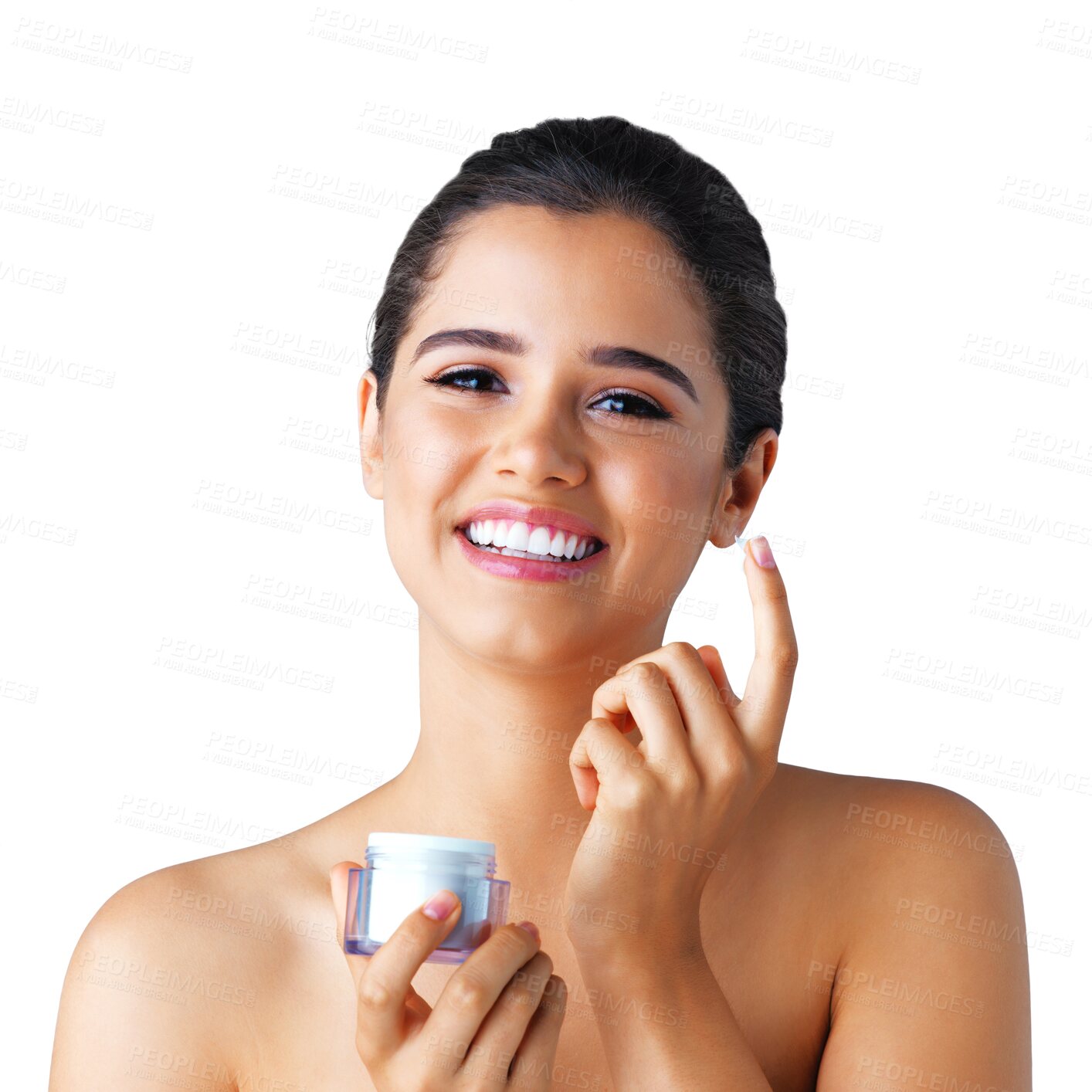 Buy stock photo Beauty, portrait and woman cream with a smile and skincare isolated on a transparent, png background. Dermatology, lotion and spa product with a young female model with skin glow and sunscreen