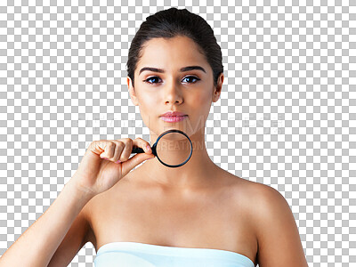 Buy stock photo Skincare, magnifying glass and portrait of woman for facial on png, isolated and transparent background. Dermatology, search tool and face of female person for acne treatment, cosmetics and beauty