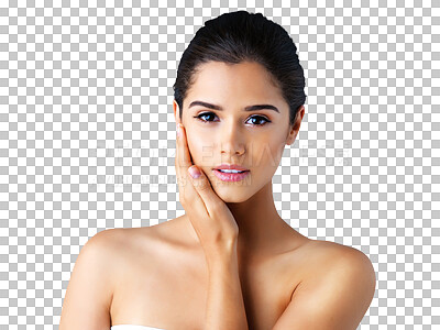 Buy stock photo Face, portrait or girl with natural skincare isolated on transparent png background for dermatology. Cosmetics, beautiful woman or person grooming with facial beauty care, glowing shine or wellness