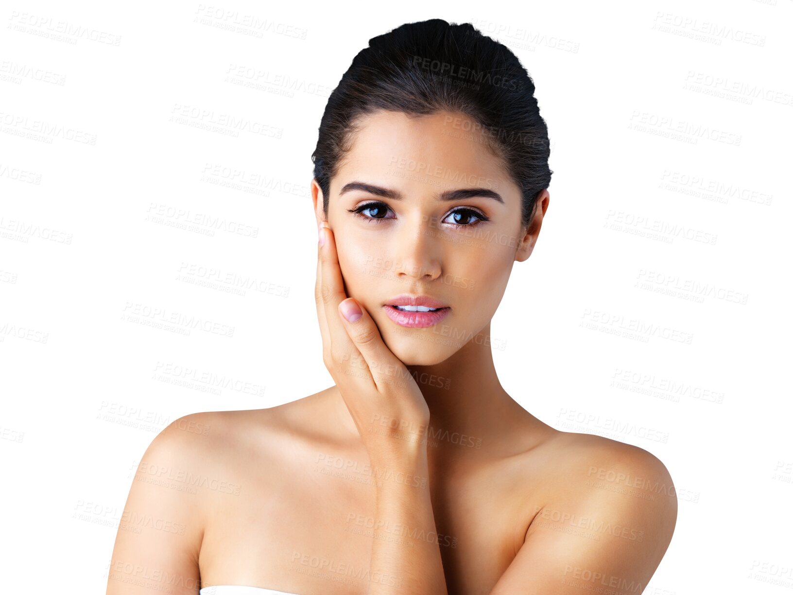 Buy stock photo Face, portrait or girl with natural skincare isolated on transparent png background for dermatology. Cosmetics, beautiful woman or person grooming with facial beauty care, glowing shine or wellness