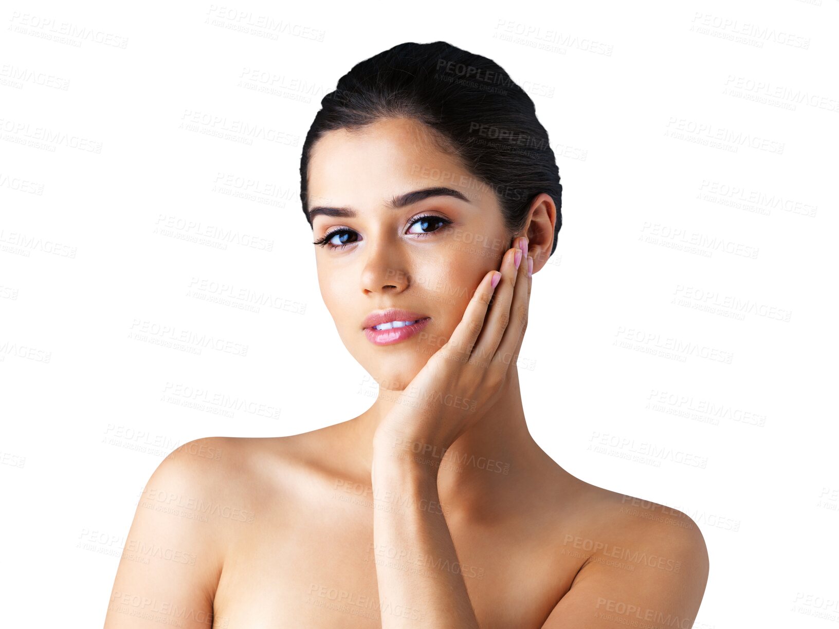 Buy stock photo Beauty, portrait or woman with natural for skincare isolated on transparent png background for dermatology. Face, beautiful girl or model grooming with facial care, cosmetics glow or wellness alone 