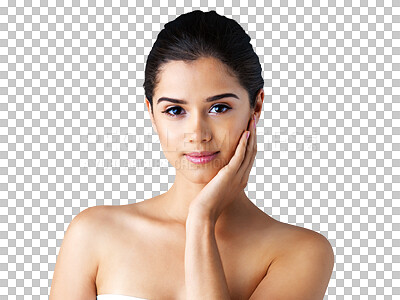 Buy stock photo Beauty, face and portrait of woman with cosmetic skincare in the morning isolated in a transparent or png background. Wellness, self care and young person or model with clean skin due to dermatology