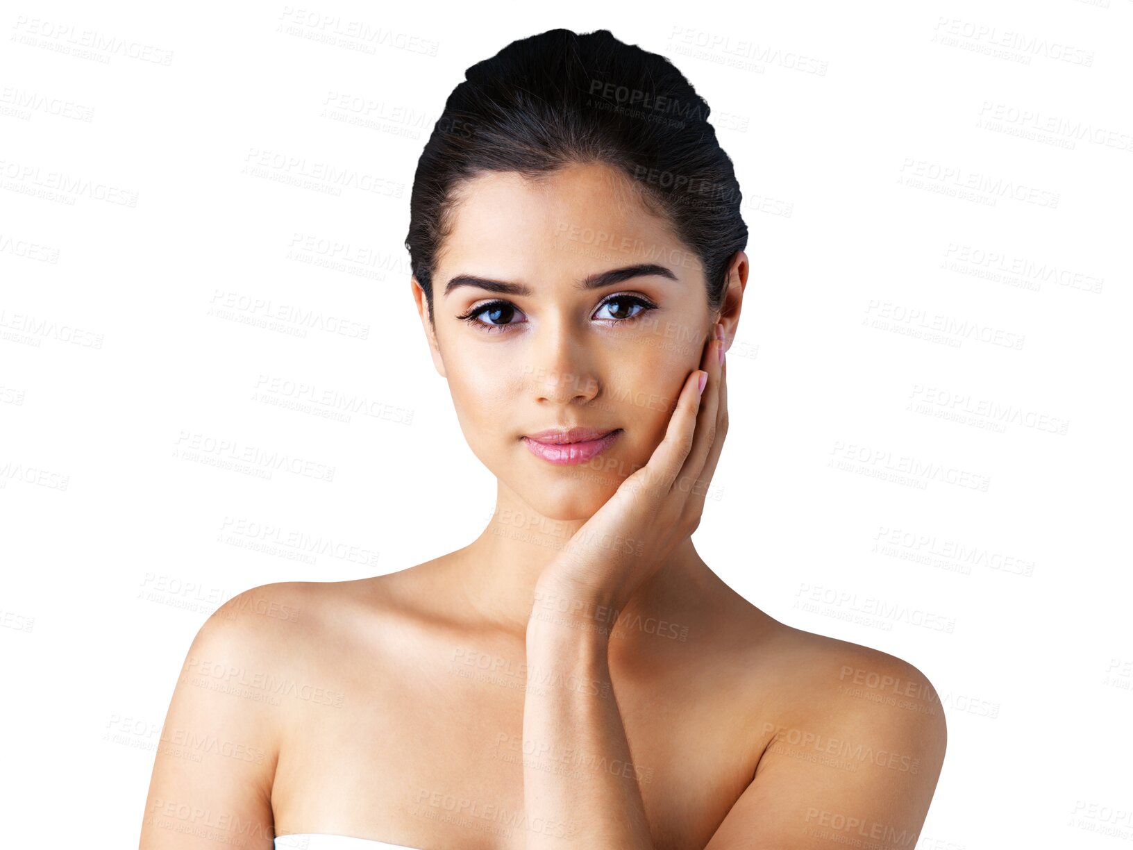 Buy stock photo Beauty, face and portrait of woman with cosmetic skincare in the morning isolated in a transparent or png background. Wellness, self care and young person or model with clean skin due to dermatology