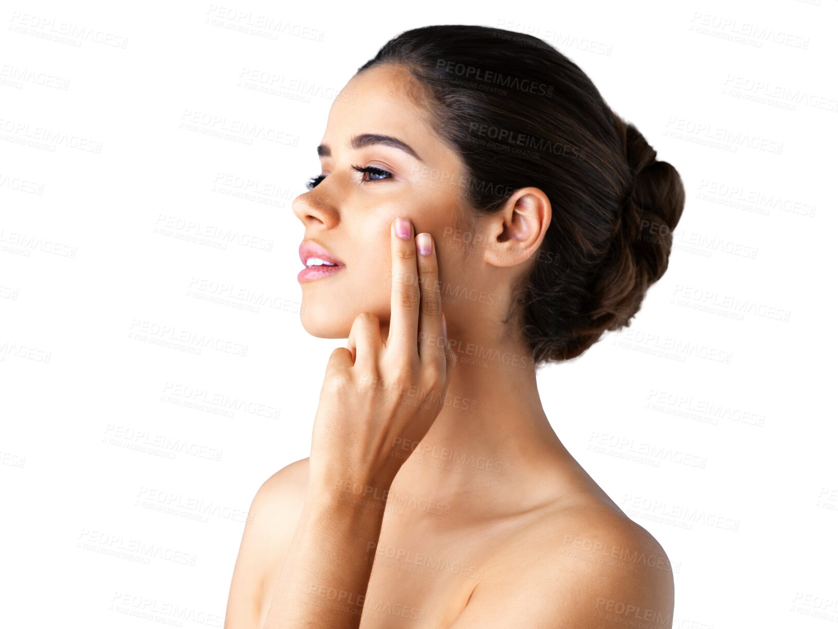 Buy stock photo Woman, face and skincare lotion for beauty cosmetics or dermatology isolated on a transparent PNG background. Female person or young model applying cream or product for facial treatment or body care