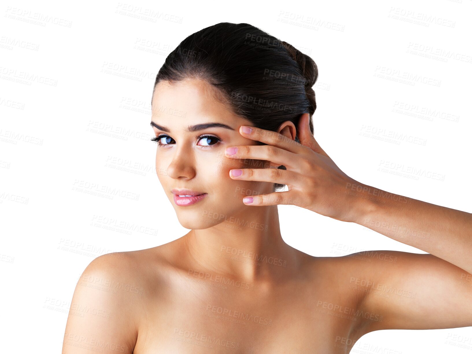 Buy stock photo Happy woman, face and portrait smile for skincare, beauty or cosmetics isolated on a transparent PNG background. Attractive female person or model touching skin in satisfaction for facial treatment