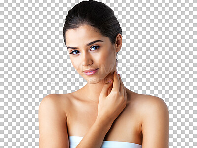 Buy stock photo Face, portrait or natural beauty of girl with skincare or self love isolated on transparent png background. Dermatology, smile or beautiful woman with facial glow, cosmetics or wellness for grooming 