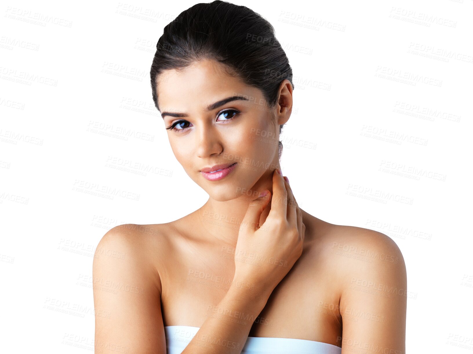 Buy stock photo Face, portrait or natural beauty of girl with skincare or self love isolated on transparent png background. Dermatology, smile or beautiful woman with facial glow, cosmetics or wellness for grooming 