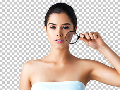 Buy stock photo Magnifying glass, beauty and portrait of woman on transparent background for thinking, makeup and research. Cosmetics, inspection and attention with female model on png for check and dermatology