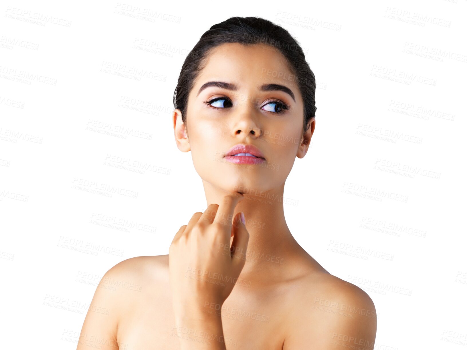 Buy stock photo Woman, face and thinking with natural beauty, skincare or cosmetics isolated on a transparent PNG background. Attractive female person or young model in doubt, choice or decision for facial treatment